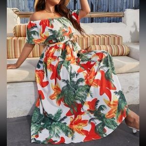 Plus size floral tropical print off shoulder maxi dress
